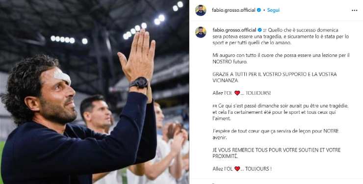 Fabio Grosso messaggio Instagram Lione-Marsiglia